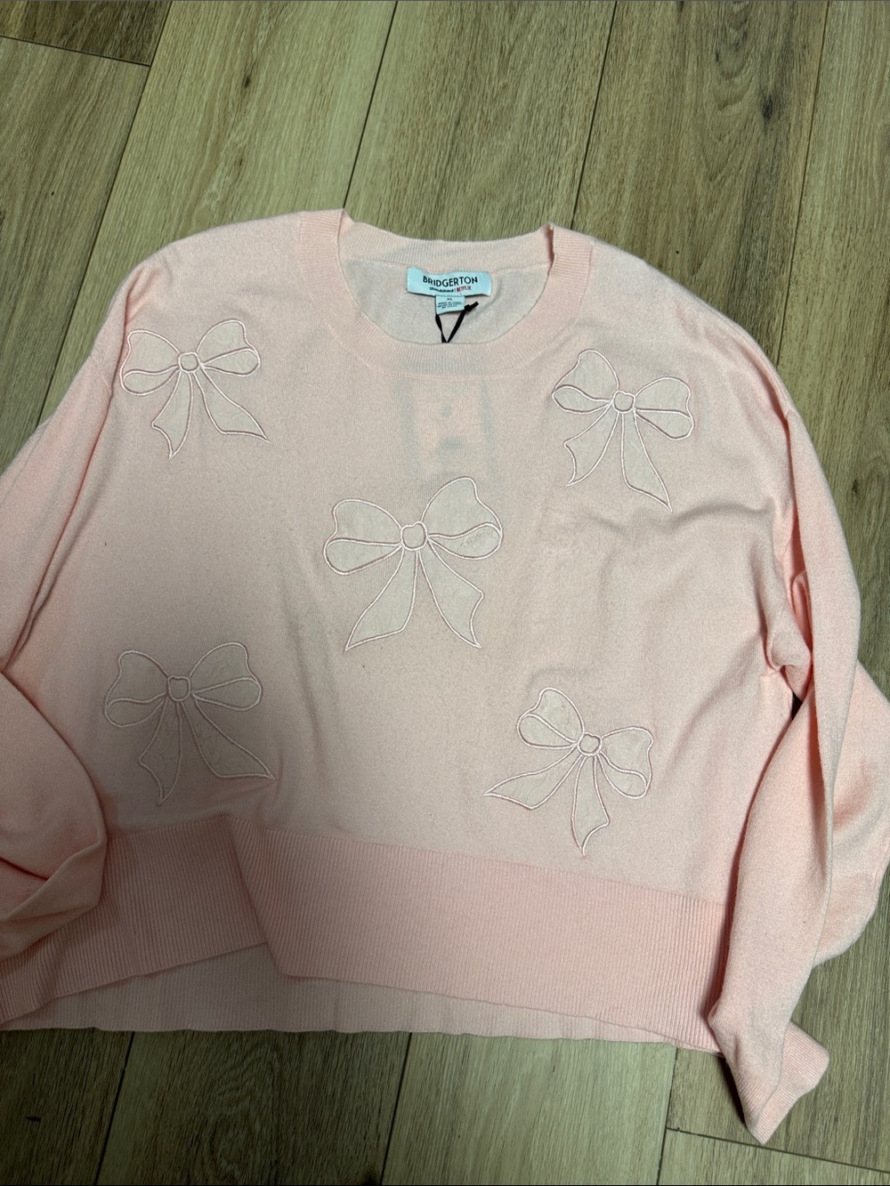 Bridgerton NWT XL Light Pink LACE BOWS DETAIL APPLIQUE SOFT Boxy Sweater